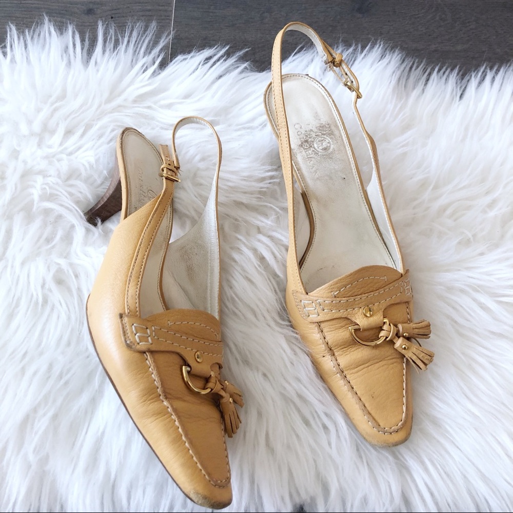 Cole Haan tan leather sling back tassel heels